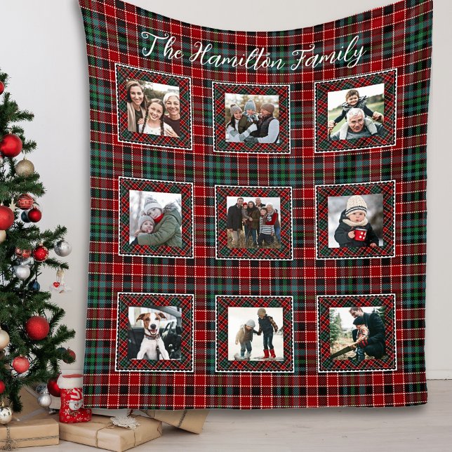 Plaid Family Photo Collage Christmas Plaid Fleece Blanket (Holiday Blanket Family Name Christmas Blanket)