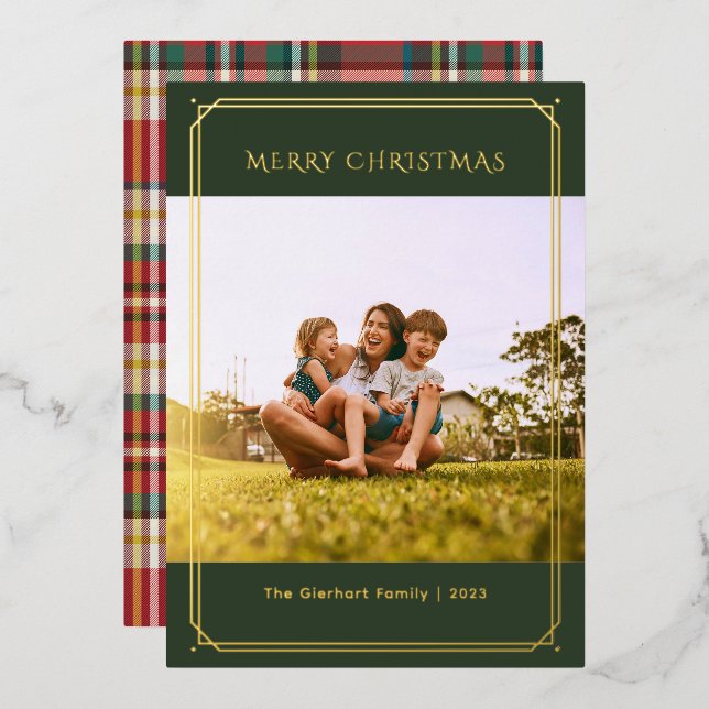 Plaid Family Photo Geometric Christmas Gold Foil Holiday Card (Front/Back)