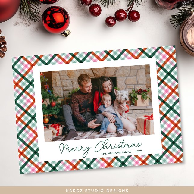 Plaid Family Photo Merry Christmas Holiday Card (Front of card shown in 5 x 7 inches. Personalize, choose paper and corner style or Digital download)