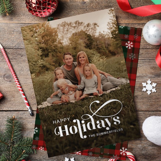 Plaid Family Photo Snowflakes Christmas Silver Foil Holiday Card (Plaid Family Photo Snowflakes Christmas Silver Foil Holiday Card)