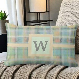 Plaid farmhouse monogram sage green yellow grey  lumbar cushion