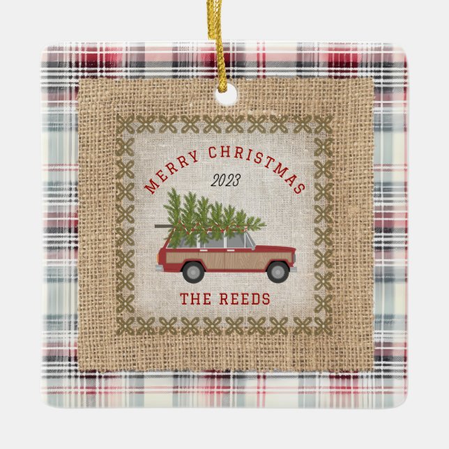 Plaid Faux Burlap Wood Panelled SUV Christmas Tree Ceramic Ornament (Front)