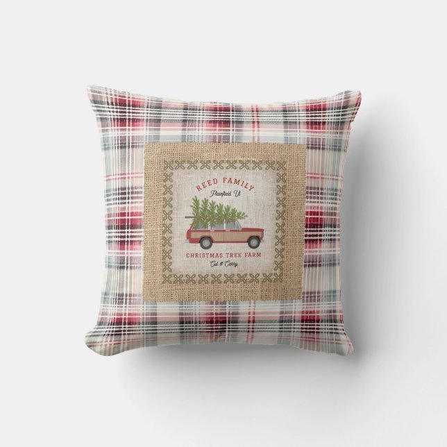 Plaid Faux Burlap Wood Panelled SUV Christmas Tree Cushion (Front)