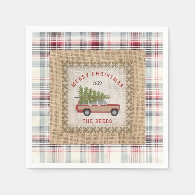 Plaid Faux Burlap Wood Panelled SUV Christmas Tree Napkin (Front)