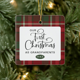 Plaid First Christmas Grandparents Photo Christmas Ceramic Ornament
