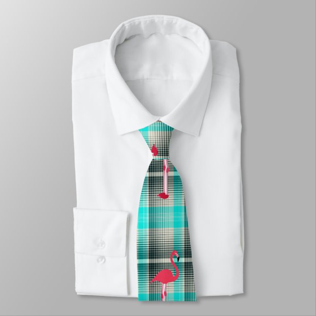 Plaid Flamingos Neck Tie - HAMbWG (Tied)