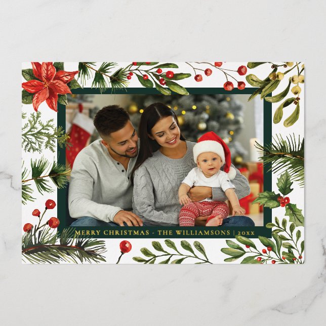 Plaid Floral Botanical Family Photo Tartan Foil Holiday Card (Front)