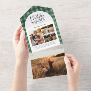 Plaid Floral Christmas Green 4 Photo Holiday All In One Invitation