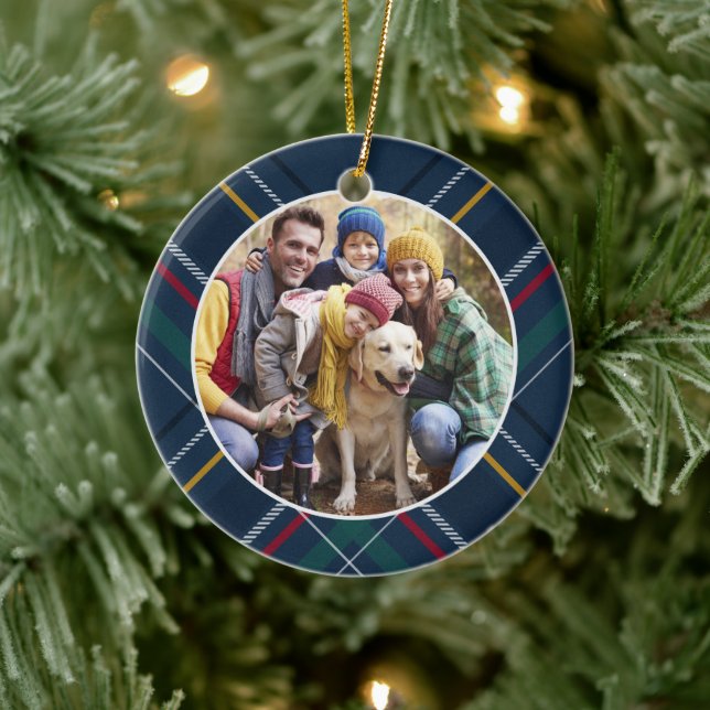Plaid frame family photo personalised Christmas Ceramic Ornament (Tree)