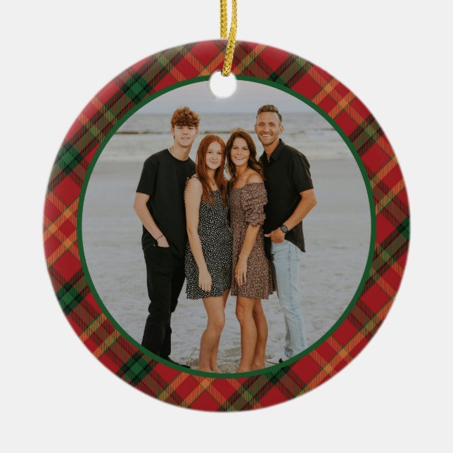 Plaid Frame Family Photo Personalised Christmas Ceramic Ornament (Front)