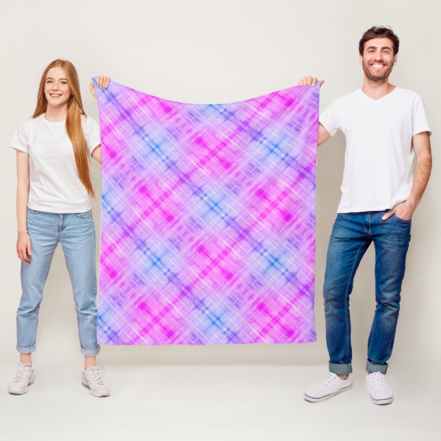 Plaid Fuschia Blue Boho Fleece Blanket (In Situ)