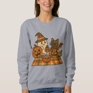 Plaid Ghost and Cat Halloween Sweatshirt   Cute 