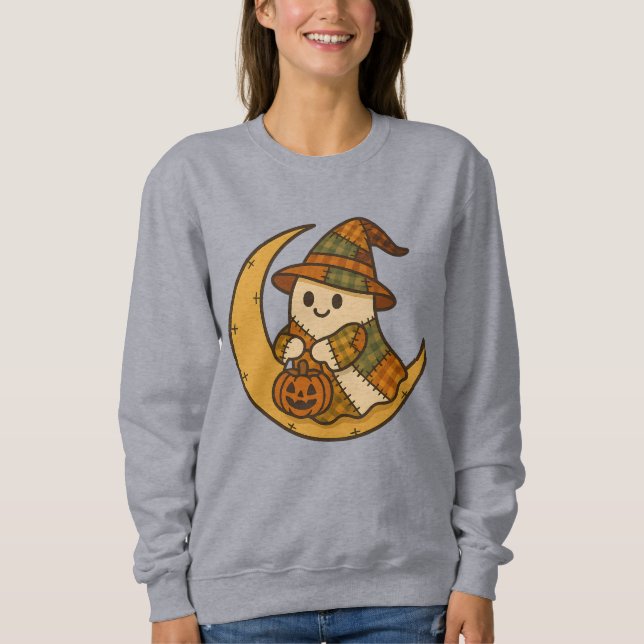 Plaid Ghost on Moon Sweatshirt | Cute Fall (Front)