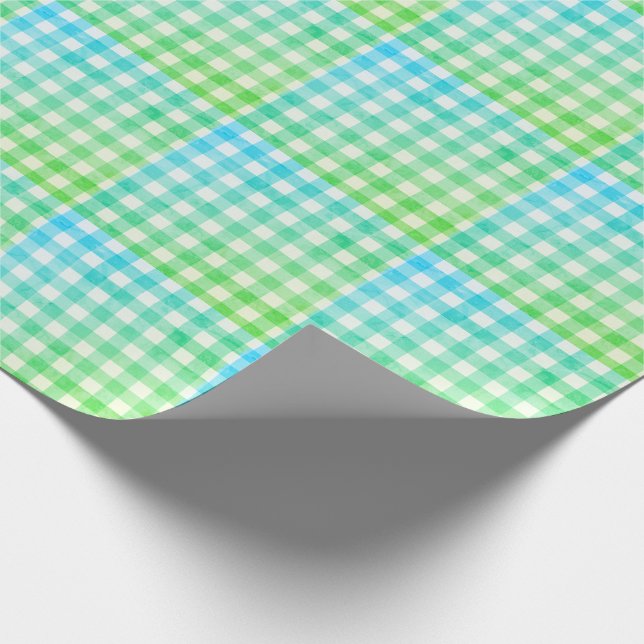 Plaid Gingham Lime Green Blue Modern Simple Check Wrapping Paper (Corner)