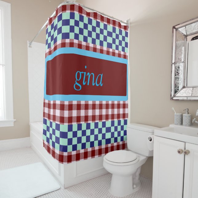 Plaid Gingham Personalised Shower Curtain (In Situ)