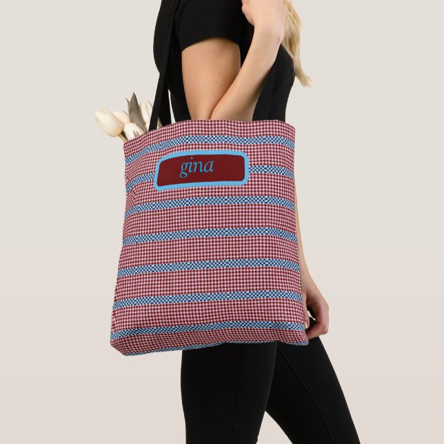 Plaid Gingham Personalised Tote Bag (Close Up)