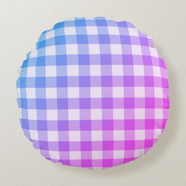 Plaid Gingham Pink Blue Modern Simple Check Round Cushion (Front)