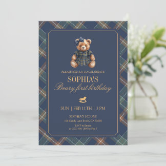 Plaid Girl Teddy Navy Tartan Bear 1st Birthday Invitation