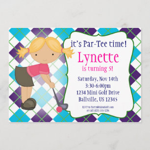 Plaid Golfer Girl Golf Birthday Party Invitation