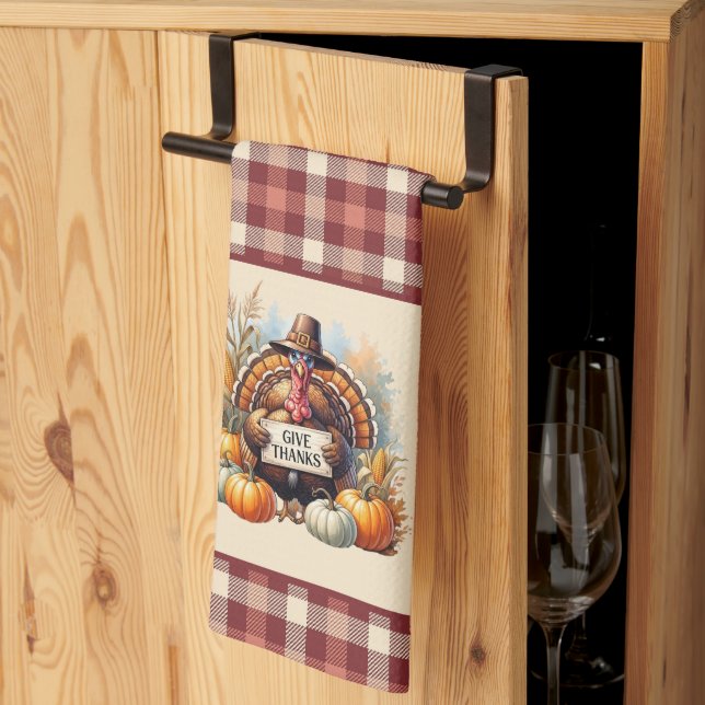 Plaid Gratitude – Thanksgiving Turkey with Pumpkin Tea Towel (Thirds Fold)