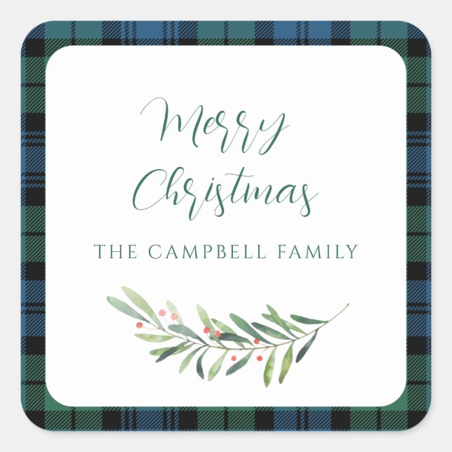 Plaid Green Christmas Holiday Tartan Square Sticker (Front)