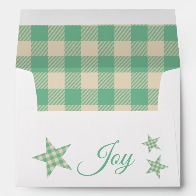 Plaid Green Cream Rustic Stars Monogram JOY Envelope (Back (Bottom))