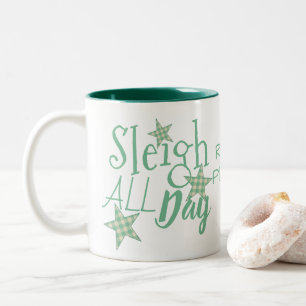 Plaid Green Cream Star Typography Sleigh All Day Two-Tone Coffee Mug