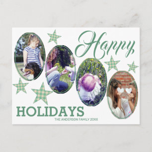 Plaid Green Cream Stars 4 Photo Happy Holidays Postcard