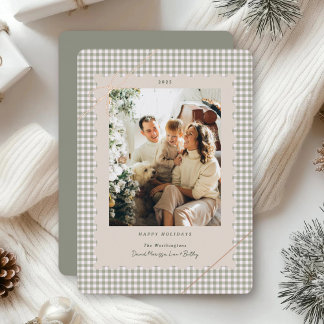 Plaid Green Gingham Scalloped Frame Tiny Bow Photo Foil Holiday Card