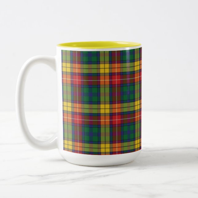 Plaid Green Red Buchanan Tartan Two-Tone Coffee Mug (Left)