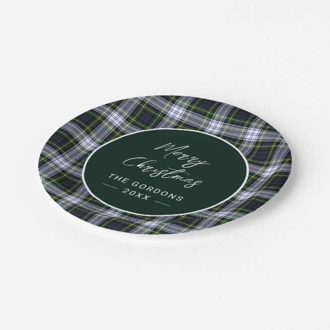 Plaid Green Script Rustic Clan Gordon Tartan Paper Plate (Angled)