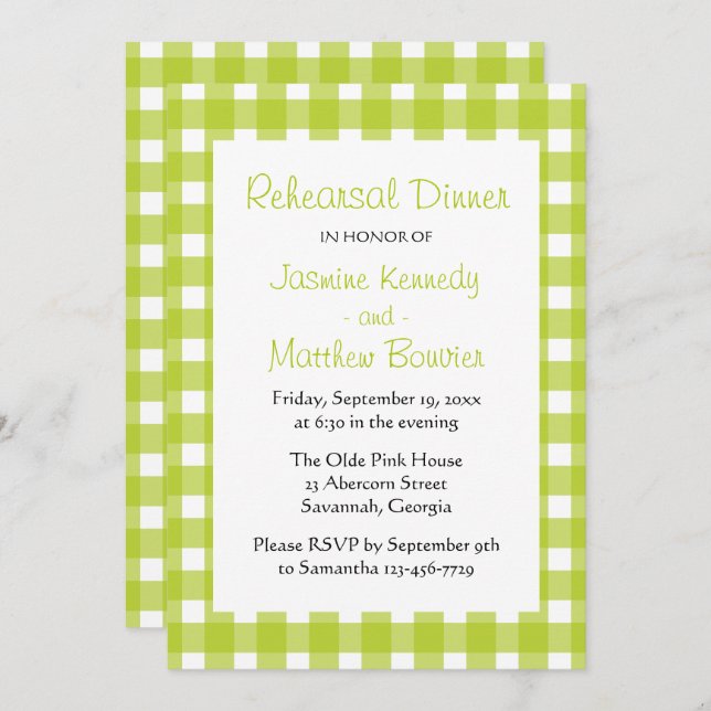 Plaid Green White Gingham Country Rehearsal Dinner Invitation (Front/Back)