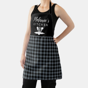 Plaid Grey Buffalo Check Kitchen Tools Name Apron