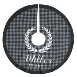 Plaid Grey Holiday Name + Year Christmas Brushed Polyester Tree Skirt