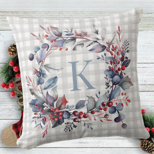 Plaid Grey Monogram Greenery Christmas Wreath Cushion