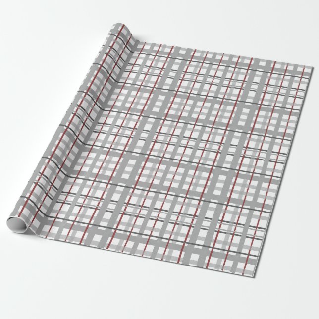 Plaid Happy Celebration Grey Silver Red Plaid Wrapping Paper (Unrolled)