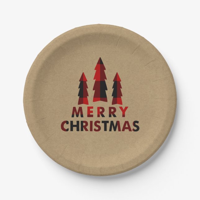 Plaid Happy Holidays Christmas Trees Plaid Kraft Paper Plate (Front)