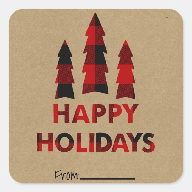 Plaid Happy Holidays Christmas Trees Plaid Kraft Square Sticker (Front)