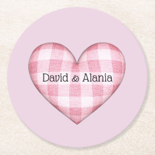 Plaid Heart 3D with Couple Names Round Paper Coaster