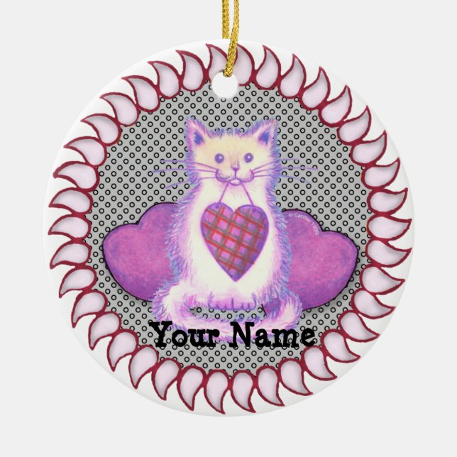 Plaid Heart Cat  Ceramic Ornament (Front)