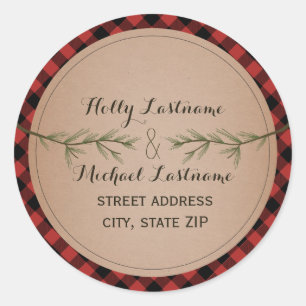 Plaid Heart With Evergreen Branches Address Classic Round Sticker