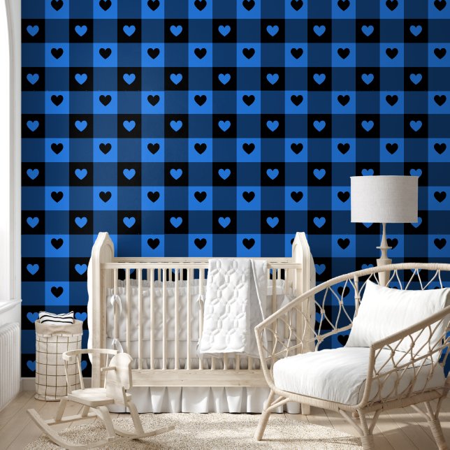  Plaid & Hearts Cute Fun Black & Blue Boys Nursery Wallpaper (Kids)