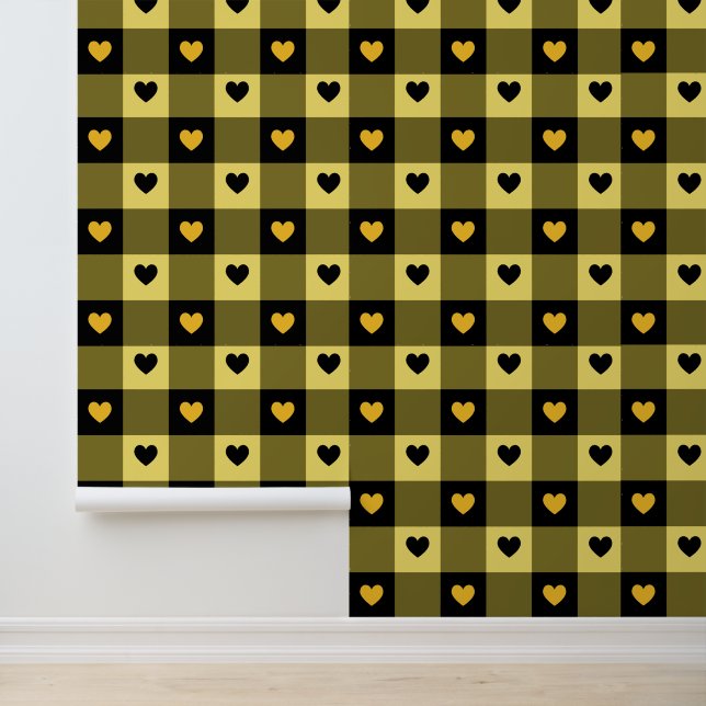     Plaid & Hearts Cute Fun Black & Yellow Nursery Wallpaper (Application)