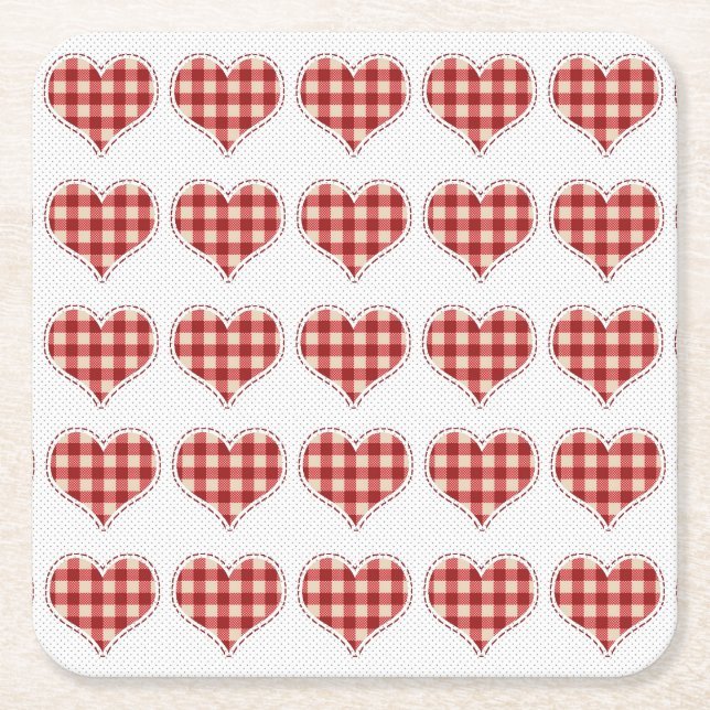 Plaid Hearts Pattern Square Paper Coaster (Front)