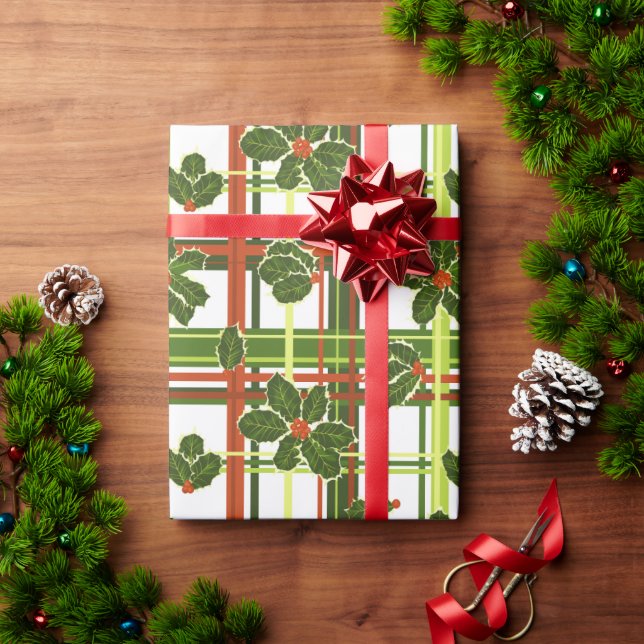 Plaid Holly Christmas Wrapping Paper (Holiday Gift)