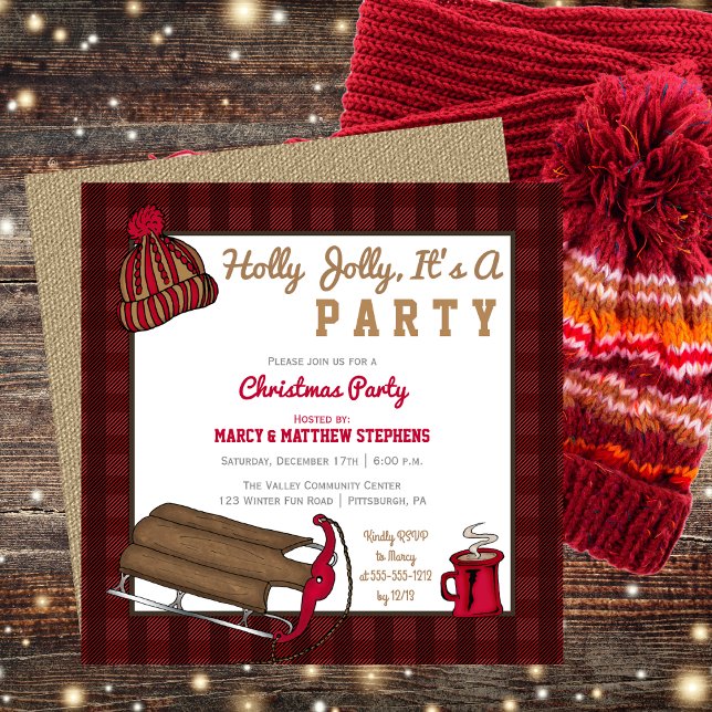 Plaid Holly Jolly Sled Christmas Party Invitation (Plaid Holly Jolly Sled Christmas Party Invitation)