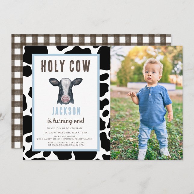 Plaid Holy Cow I'm One Boy Birthday  Invitation (Front/Back)