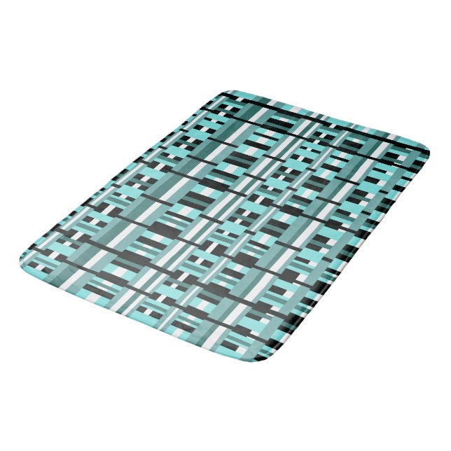 Plaid in Aqua, Teal, Black & White Bold Bath Mat (Angled)