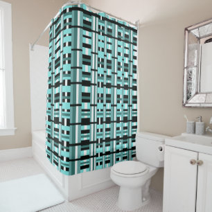 Plaid in Aqua, Teal, Black & White Bold Shower Curtain