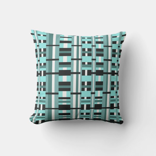 Plaid in Aqua, Teal, Black & White Cushion (Front)